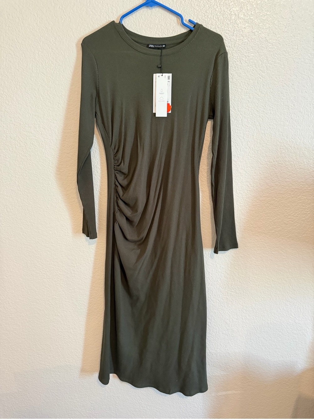 Zara Olive Long Sleeve Ruched Midi Dress